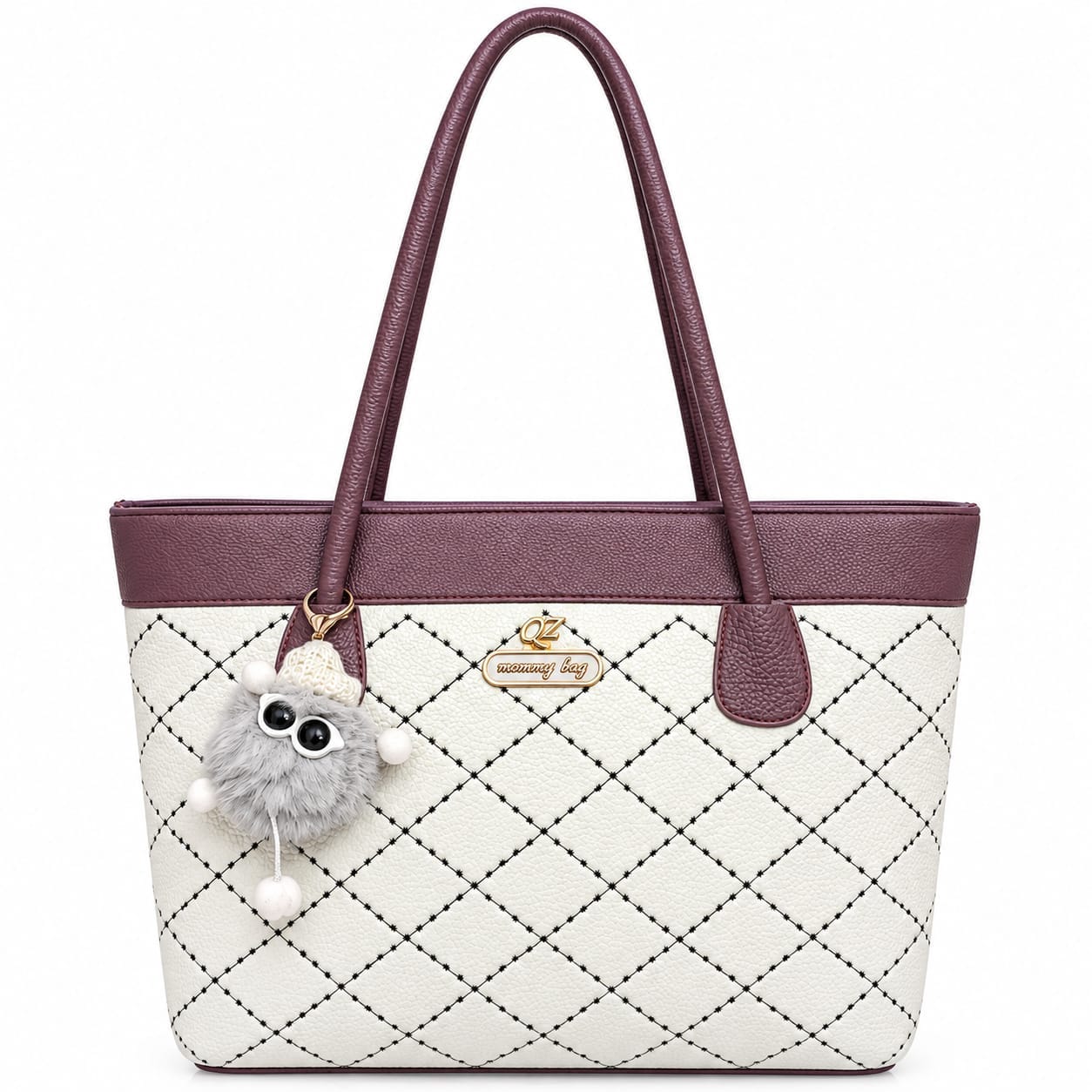 mommy bag Quilted Pearl Charm Tote – Burgundy & Cream 0.3