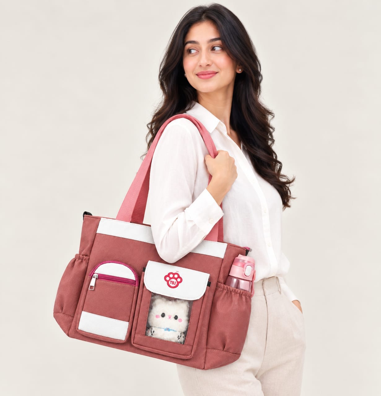 University Multi-Pocket Leather Tote Backpack – Dusty Rose Pink 0.4 - Image 2