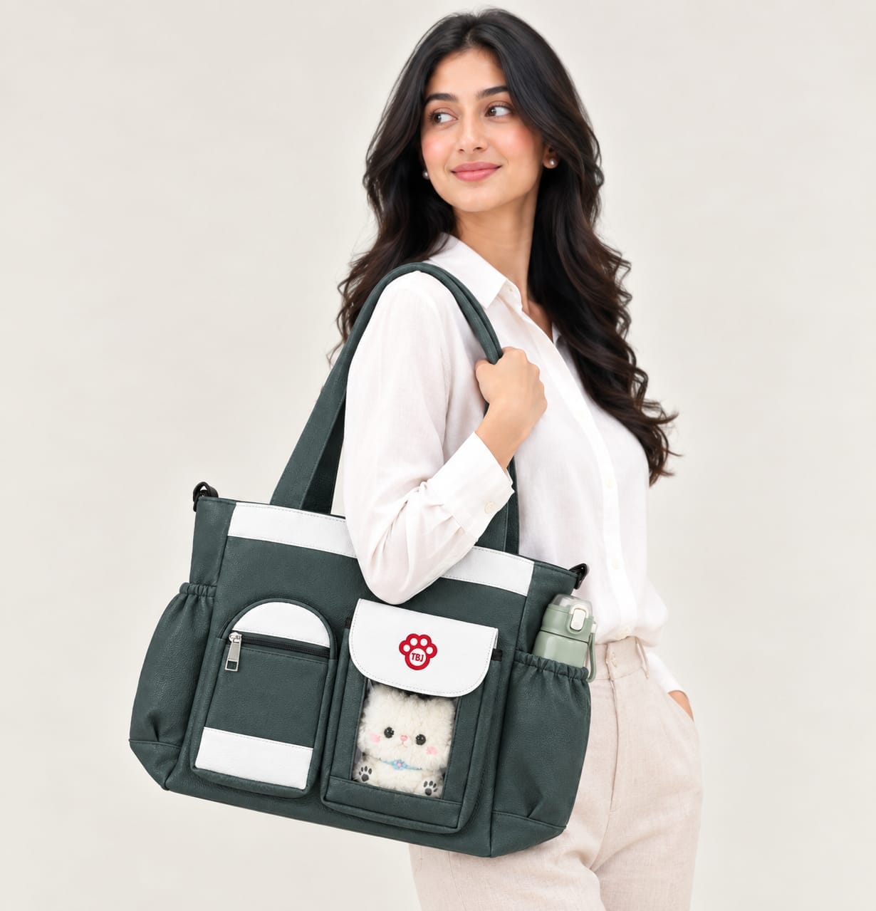 University Multi-Pocket Leather Tote Backpack – Deep Slate Green 0.4 - Image 2