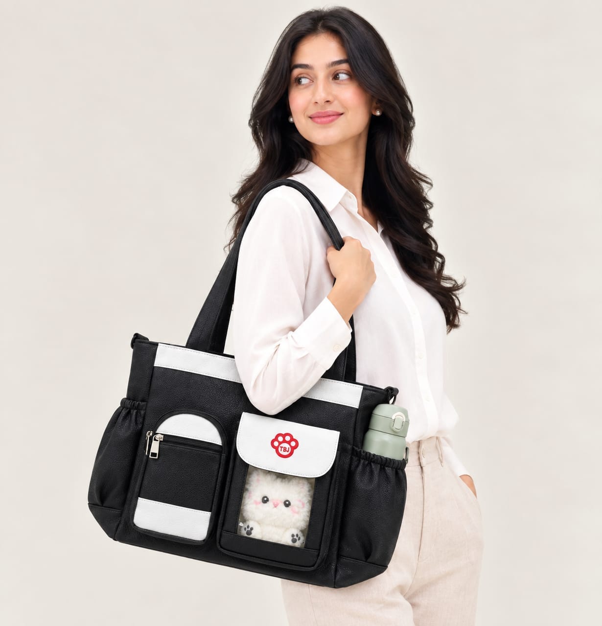 University Multi-Pocket Leather Tote Backpack- Classic Black 0.4 - Image 2