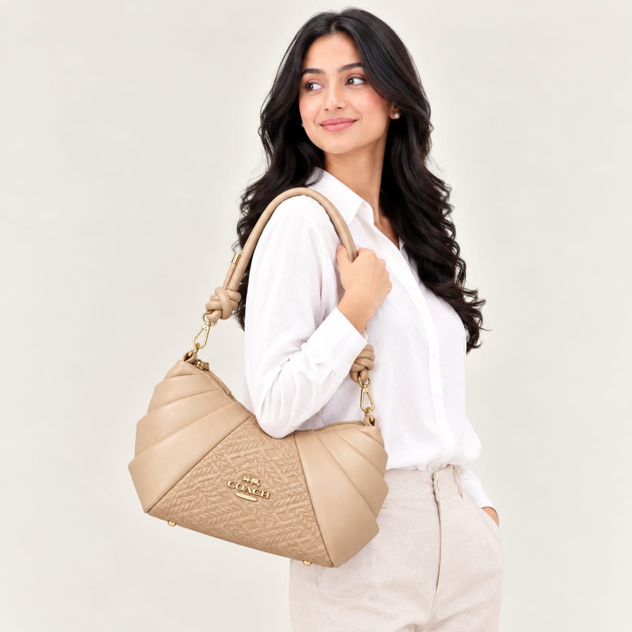 Golden Carriage Ruched Side Leatherette Bag-Light Beige - Image 2