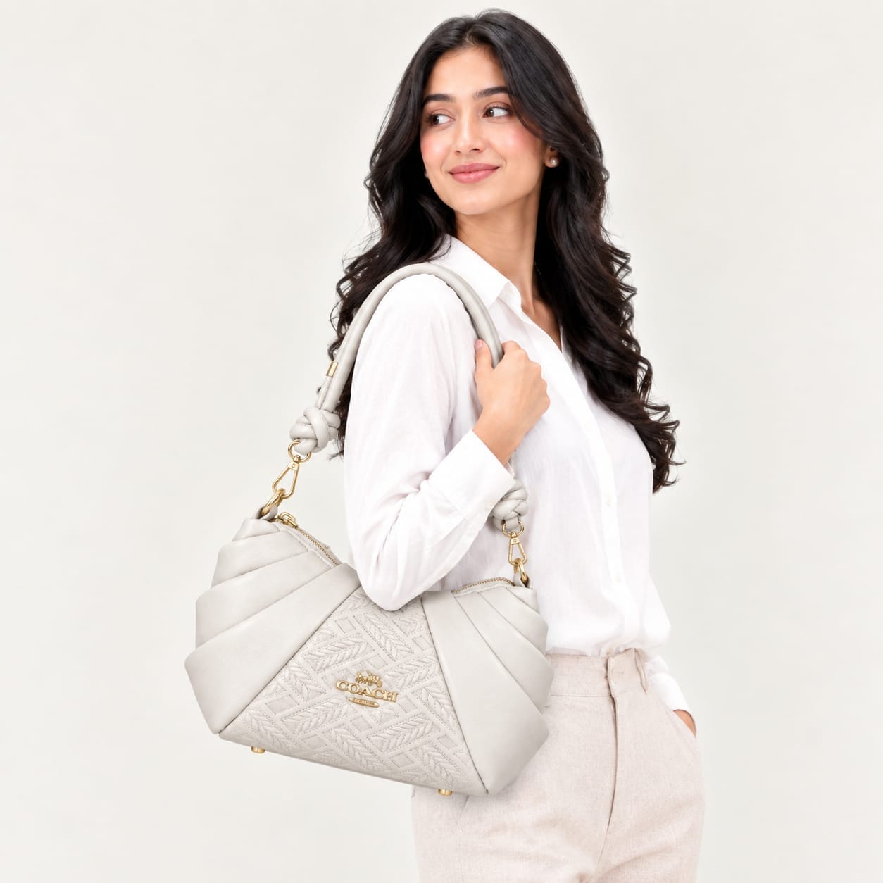 Golden Carriage Ruched Side Leatherette Bag-Ivory White - Image 2